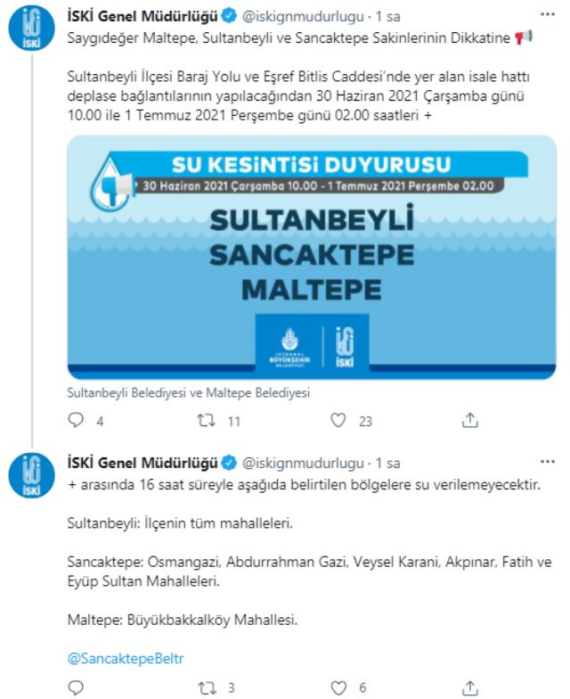 İstanbul'un Maltepe, Sultanbeyli ve Sancaktepe ilçelerinde 16 saatlik su kesintisi uygulanacak
